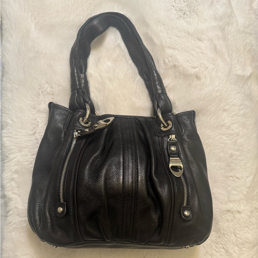 B. Makowsky Black Leather Durango Shoulder Bag with Silver Details